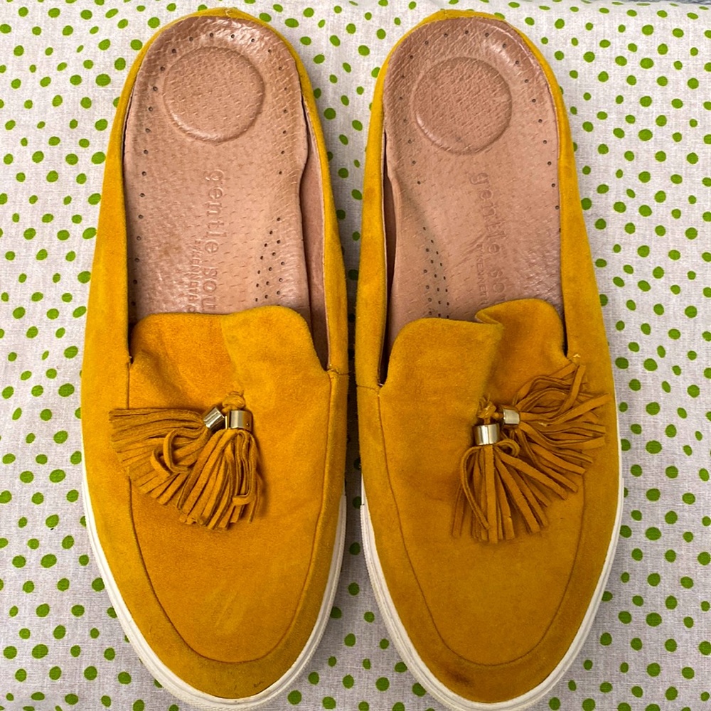 Gentle Souls, Rory slip on shoes, yellow mules, tassel shoes, Kenneth Cole
